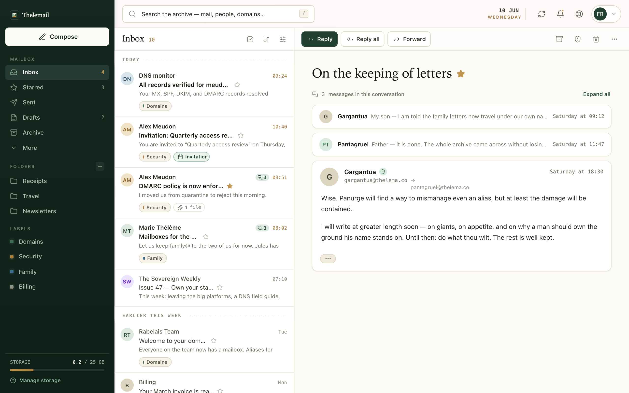 The Thelemail inbox receiving messages routed through custom-domain email aliases